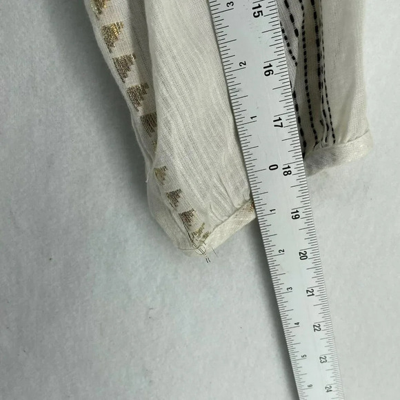 Lovestitch Blouse Women's Sz M Cream Striped Metallic Gold Puff Sleeves Tassel - Picture 5 of 12